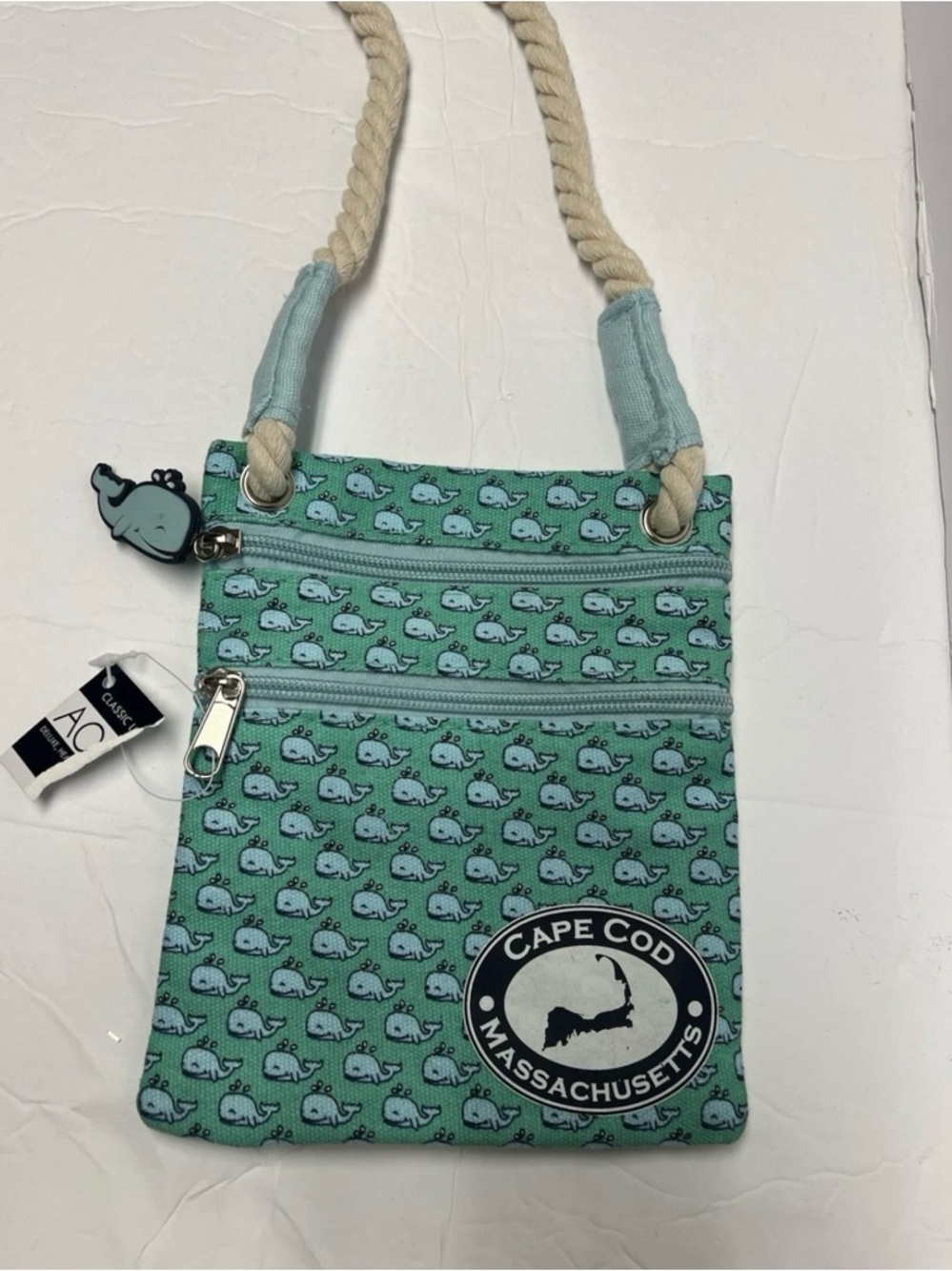 Cape Cod Mini Zip Teal Crossbody Bag Double Zip Whale Pattern Logo Rope Strap